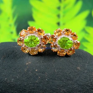 Natural Peridot & Citrine Gemstones 925 Sterling Silver Cufflinks for Men's #7 - Picture 1 of 3