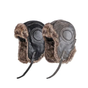 Faux Leather Hat Unisex Trapper Aviator Pilot Earflap Fur Ushanka Hat 55-60cm - Picture 1 of 21