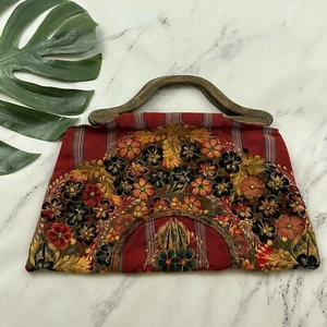 True Colors Vintage Embroidered Clutch Bag Red Black Floral Wood Handles - Picture 1 of 9