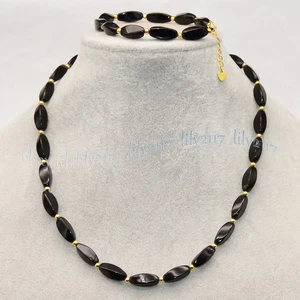 Set Bracciale Collana 8x16mm Torsione Naturale Agata Nera Onice Pietre Preziose - Foto 1 di 12