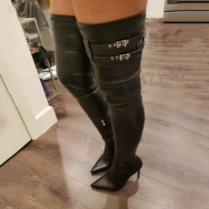 Women Thigh High Boots Stretchy Buckle Strap Side Zip Stiletto Heels Tall Boots - Picture 1 of 4