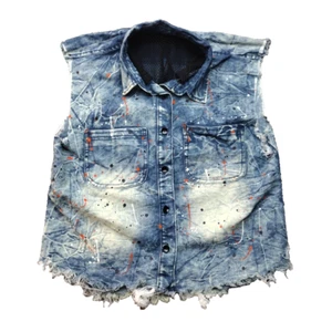 Thrill Damen Graffiti Distressed Designer Blue Denim Jeansweste XXL Mesh Kapuze - Bild 1 von 9