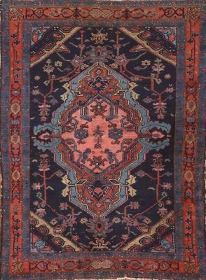 Semi-Antique 4x6 Navy Blue/ Rust Hamedan Traditional Rug Handmade Area Carpet - Image 1 of 4