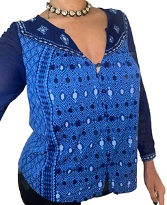 Lucky Brand Blue Print Button Top Boho Embroidered Sheer Peasant Womens Sz M - Picture 1 of 4