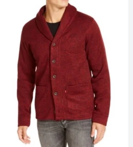 LEVIS Mens L Rand Shawl Collar Knit Fleece Cardigan-Button Up-Pockets-Cranberry - Picture 1 of 6