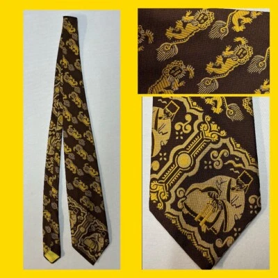 Vintage Chinese Emperor Shi Shi Dog Pattern 4” Wide Neck Tie EUC Brown Gold EUC - Image 1 of 4