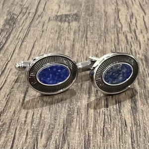 Gray Rim Lapis Lazuli Center Oval Cufflinks Men Birthday Wedding Essentials Gift - Picture 1 of 8
