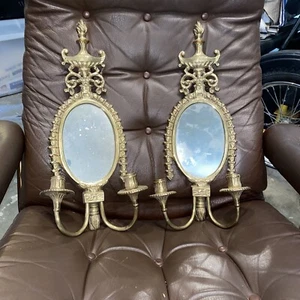 Antique Vintage Brass Pagoda MIRROR WALL SCONCE candle holder Pair - Picture 1 of 13