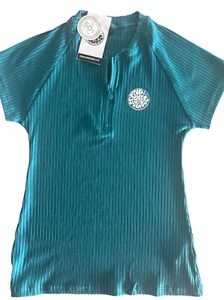 Rip Curl Rash Guard, Premium Zipper Short Sleeve 50+ UPF 8-12 NWT Teal Blue - Picture 1 of 10