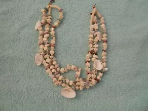 VINTAGE TRIPLE STRAND  SEASHELL-MOTHER OF PEARL-BONE- BEAD CHIPS NECKLACE -16 " - Picture 1 of 2