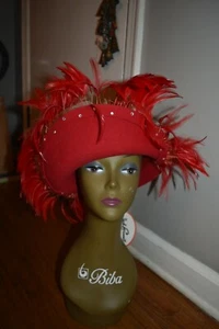 vintage nwt jack mcconnell red wool feather hat - Picture 1 of 4