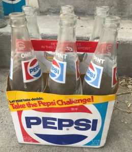 Pepsi 16oz Remolino Vidrio Soda Pop Botellas de Devolución de Dinero-Paquete de 6-Cartón Original Años 80 - Imagen 1 de 4