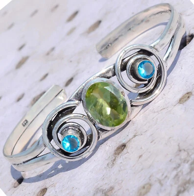 Oval Cut Peridot Blue Topaz Gemstone Bracelet 925 Sterling Silver Cuff Bangle - Image 1 of 4