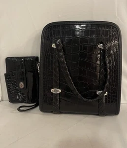 Vtg Brighton Black Embossed Leather Little Donna Purse & Wallet 2 Pc Set Vintage - Picture 1 of 4