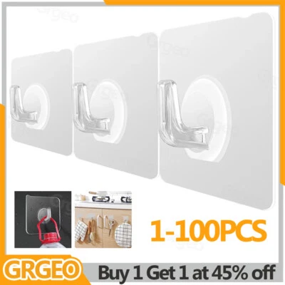 100X Hooks Self Adhesive Strong Sticky Heavy Duty Wall Seamless Transparent Hook - Image 1 of 4