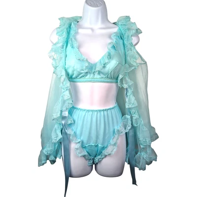 Conjunto de 3 piezas de sujetador, braguita y bata peignoir de nailon transparente de colección sexy de encaje verde azulado talla S Foto 1 de 4