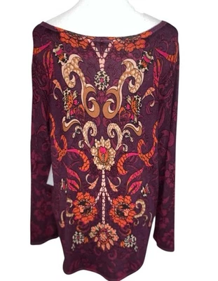 Novo com etiquetas Chico’s (3-XL) Boho Suéter Paisley Floral Borgonha Laranja Bege 5% Cashmere - Imagem 1 de 4