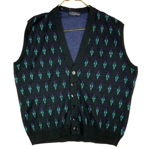 Vintage 1990s Knit Wool Sweater Vest Medium Button Up Argyle New Old Stock - Picture 1 of 4