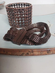 Lot Of 2 Copper Bronze Cuff Bracelet Magnet Stackable Bangle Mesh - Picture 1 of 6