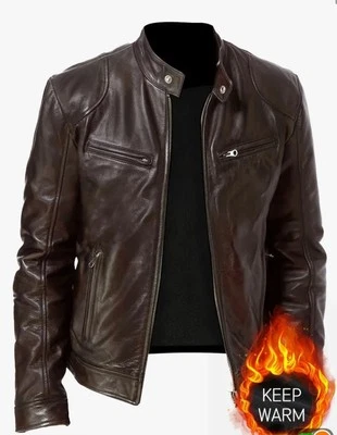 Men Plush Velvet Lined Faux Leather Brown Coat Jacket - Image 1 of 4