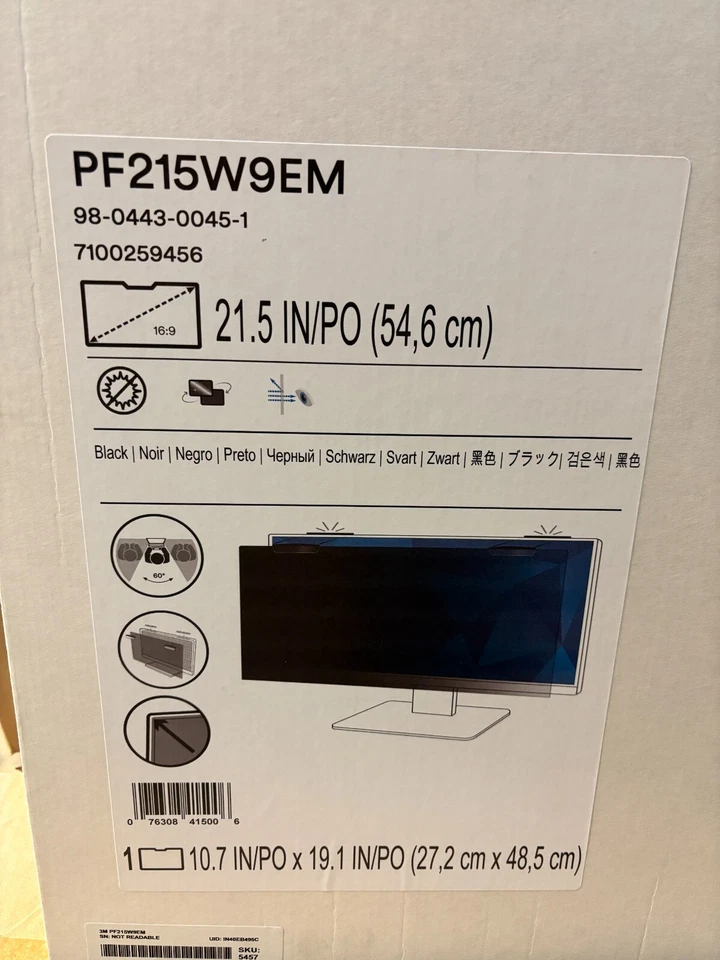 3M PF215W9EM Privacy Filter Black With COMPLY Magnetic Attach For 21.5" Monitors - Image 1 of 4