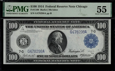 1914 $100 Federal Reserve Note - Chicago - FR-1108 - Graded PMG 55 - AU - Image 1 of 2