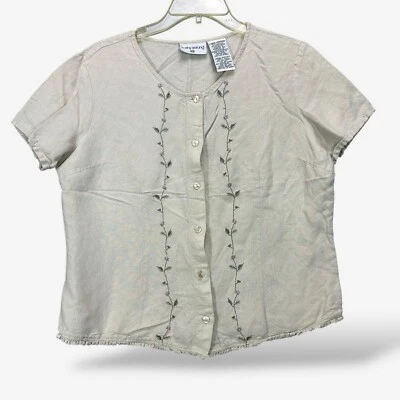 90s Linen Short Sleeve Top Size L Cottagecore Embroidered flowers Garden Fairy - Image 1 of 4
