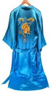 PEACOCK 100 % Silk Hand Embroidered Kimono Robe Torqoise Dragon Women S - Picture 1 of 7