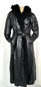 VTG 80's Long Genuine Black Leather Coat Lamb Fur Removable Lining Women's Sz L - Picture 1 of 23