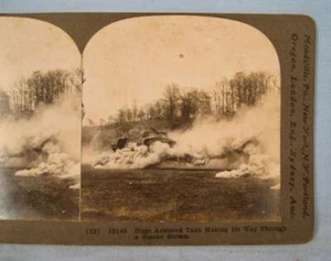 Stereoview Huge Armored Tank Making Its Way Through A Smoke Screen 15 19149 (O) - Picture 1 of 4