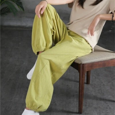 Lady Cotton Linen Pants Wide Leg Sweatpants Workout Jogger Loose Trousers Casual - Image 1 of 4