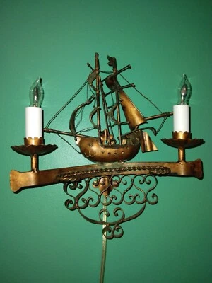 Pair Vintage Italian Sailing Ship copper look Wrought-iron Wall Sconce Lights - Image 1 of 4