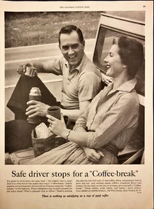 1955 Pan-American Coffee Bureau Print Ad Couple Taking Coffee Break on Tailgate - Picture 1 of 6