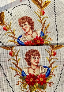 ALTES PAAR STICKEREIEN Frauenportrait bunt mit kleinem Punkt 19.Jh. - Bild 1 von 15