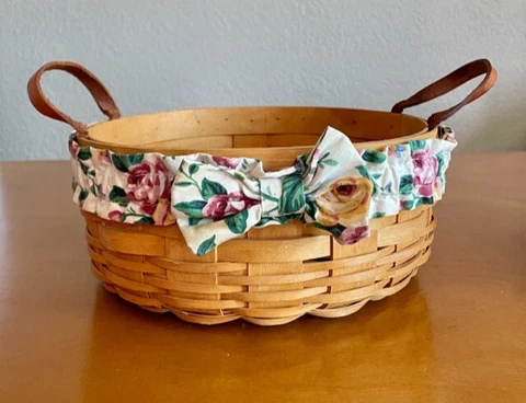 2003 Longaberger Basket w/ Fabric Elastic Band & Bow - Signed 9.25" x 4.25" Cover