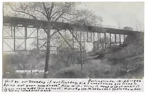 Postal de Burlington, IA Iowa 1906 RPPC, puente en cascada con tranvía - Imagen 1 de 2