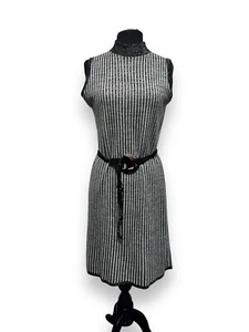 Ladies Vintage Midi Black Grey Striped dress With Belt Size Medium Smart Casual - Picture 1 of 7