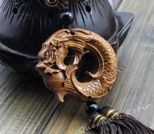 Rose Wood Carved Chinese Dragon Carp Statue Car Pendant Amulet Sculpture Wooden - Picture 1 of 5