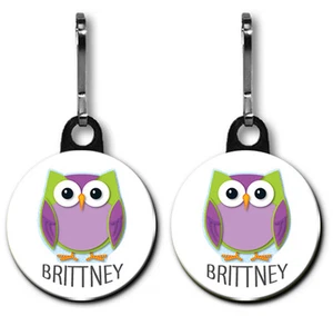 Paquete de 2 dijes personalizados de búho de 1 pulgada con cremallera con el nombre o los nombres - Imagen 1 de 2
