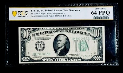FR. 2006-B $10 1934-A Federal Reserve Note New York PCGS Choice UNC 64PPQ - Image 1 of 2