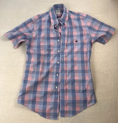 Brooks Brothers Short Sleeve Button-Up Shirt Slim Men S Pink Blue Plaid *4 Flaws - Image 1 of 4
