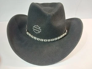 Harley-Davidson Women's Black Rhinestone Band 100% Wool Cowboy Hat USA Size 8 - Picture 1 of 9