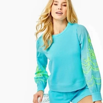 Sudadera Lilly Pulitzer Azul Verde Vieira Allá Terry Talla Mediana Foto 1 de 4
