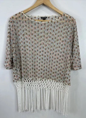 Top Topshop Talla 8 Bordado Marfil Transparente Flecos Manga Corta Playa Cubierta Foto 1 de 4