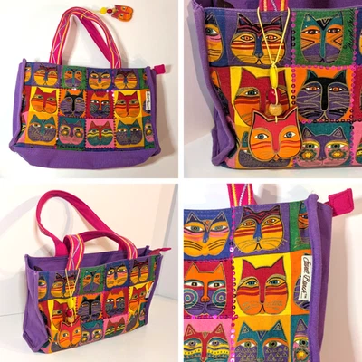 Bolso de Mano Laurel Burch Máscaras de Gato Caras Mercado Medio, Púrpura, Retirado, Dije de Madera Foto 1 de 4