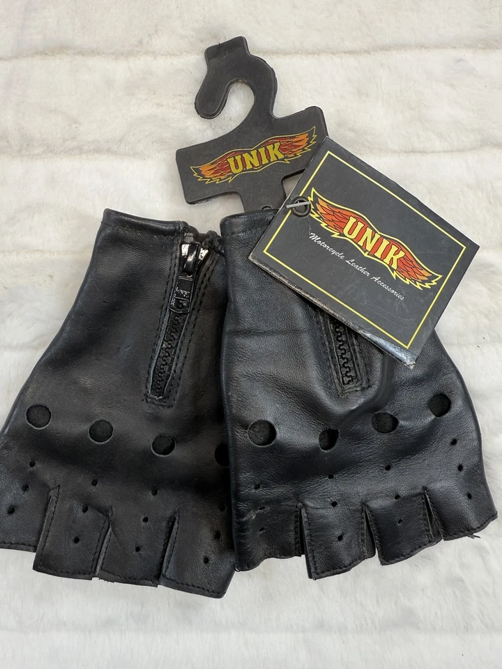 Unik Motorcycle Leather Gloves Mens Small Half Finger Riding Biker Zip Vent - Image 1 of 4