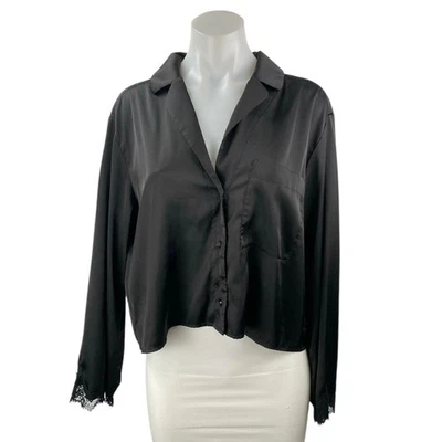 Abercrombie & Fitch Black Satin Button Down Lomg Sleeve Sleepwear Pajama Top M - Image 1 of 3