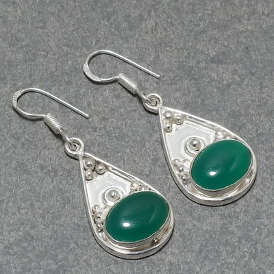 Orecchini pendenti goccia etnica pietra preziosa forma ovale onice verde gioi... - Immagine 1 di 4
