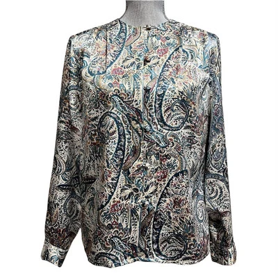 Russ Paisley Blouse Satin Sz 10 Secretary Scroll Jacquard Vintage Damask 90’s - Image 1 of 4