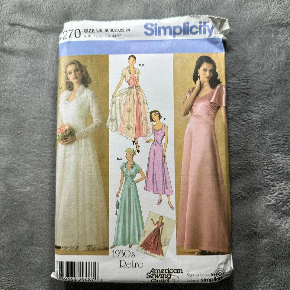 Simplicity 4270 Uncut Sew Pattern Size 16-24 1930s Retro Dress Evening or Weddin